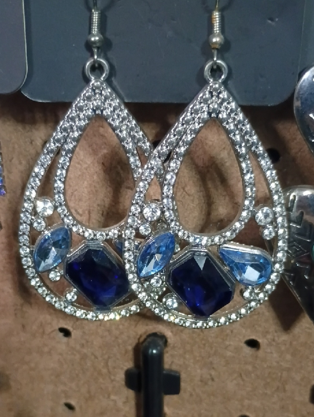 paparazzi Silver Teardrop Earrings with Dark Blue and Light Blue Stones